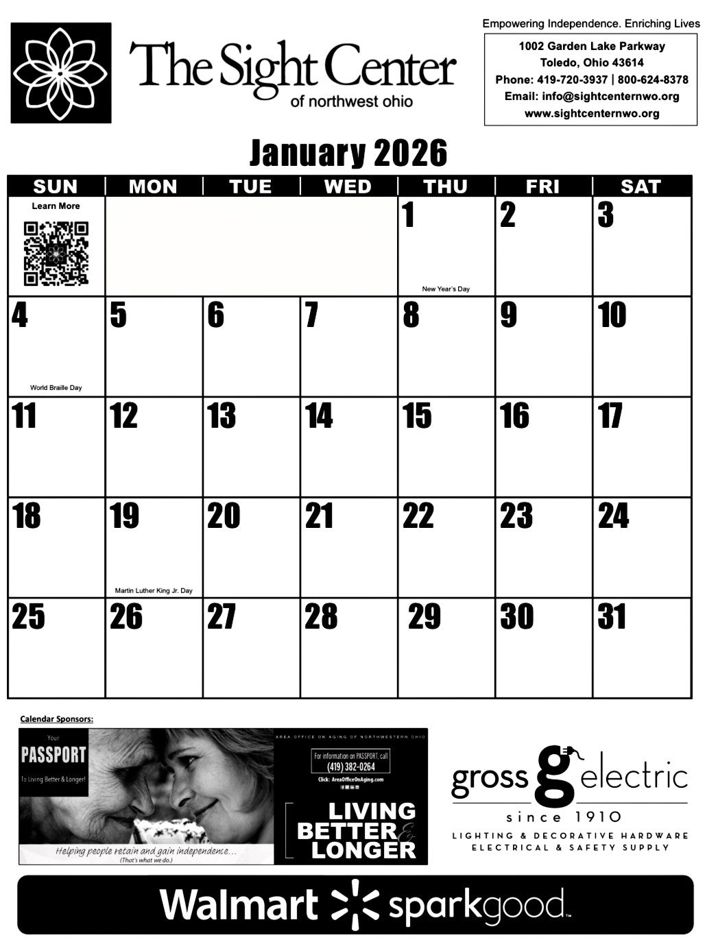 The Large Print Wall Calendar features the Sight Center of Northwest Ohio logo and contact information. Images for the various sponsors are featured which include Area Office on Aging, Gross Electric and Walmart Spark Good. The month being shown is January 2026.