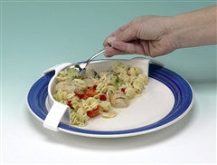 A white plate with blue trim contains pasta salad. A hand is scooping food onto a fork with the food bumpers.
