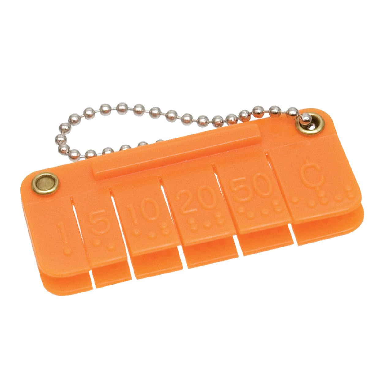 A small orange plastic device used to imprint braille on money. It has braille markings for $1, $5, $10, $20 and $50