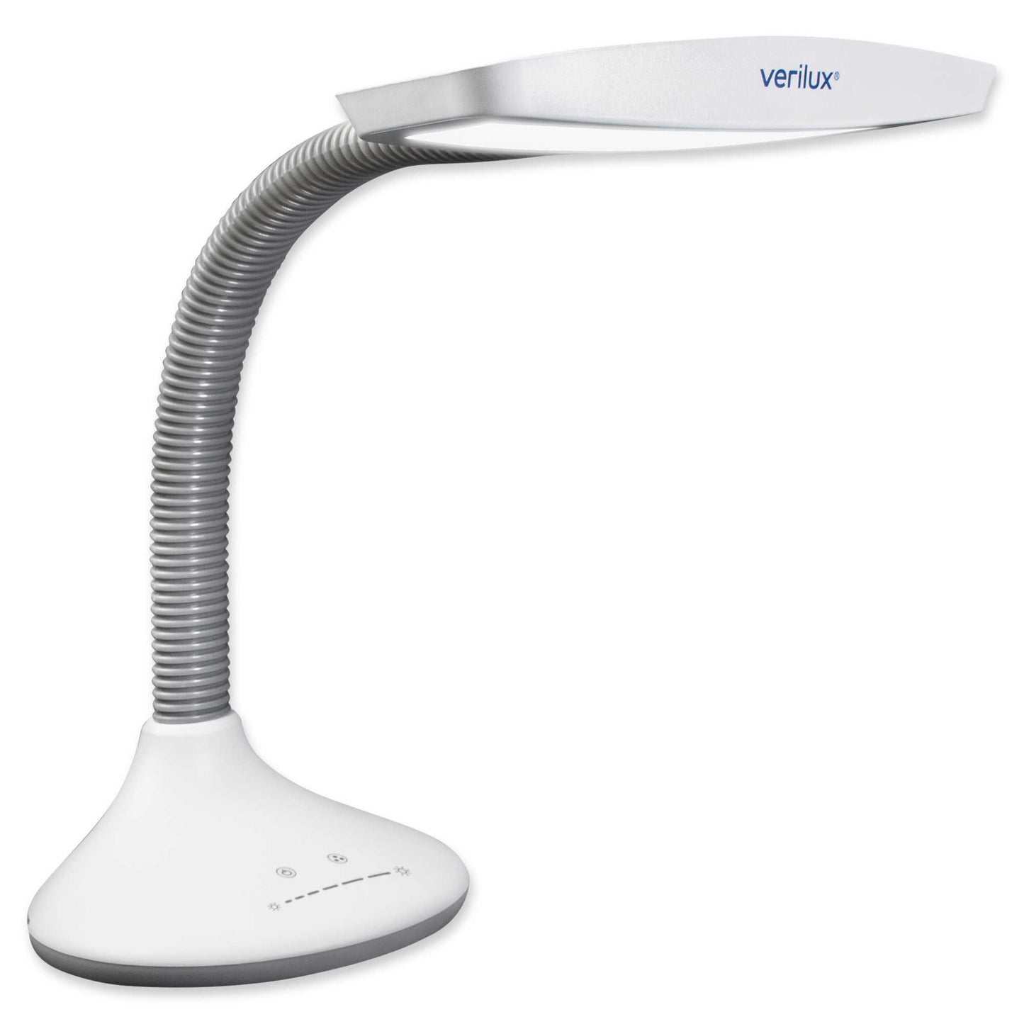The Verilux SmartLight is white with a flexible neck and white base with touch buttons.