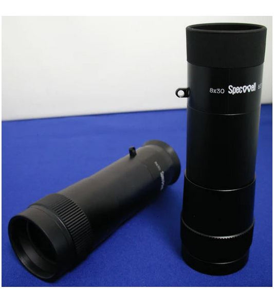 There are 2 monoculars side by side. One is vertical and the other is horizontal. They are both black and have white writing on them that says 8x30 Specwell