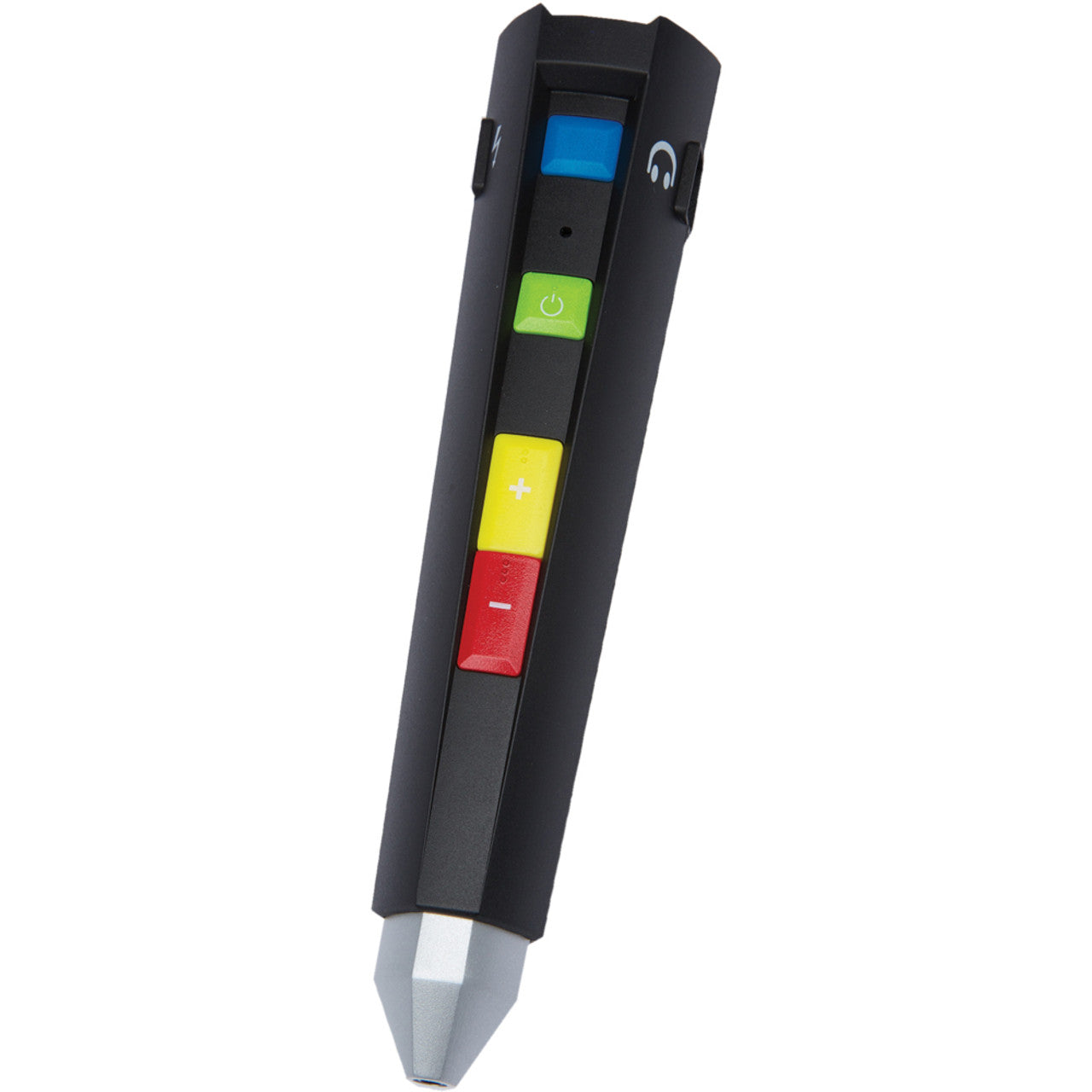 Unfortunately the talking label wand does not look like it came out of the pages of Harry Potter but it is still an effective tool. It is long and black with a silver tip that is placed on the labels in order to record or hear what the label says. It has 3 buttons and a light on the front. The green button is the power button, the yellow increases the volume and the red decreases. The blue square lights up to let you know it's on. It also has a port for headphones and another for a USB connection.