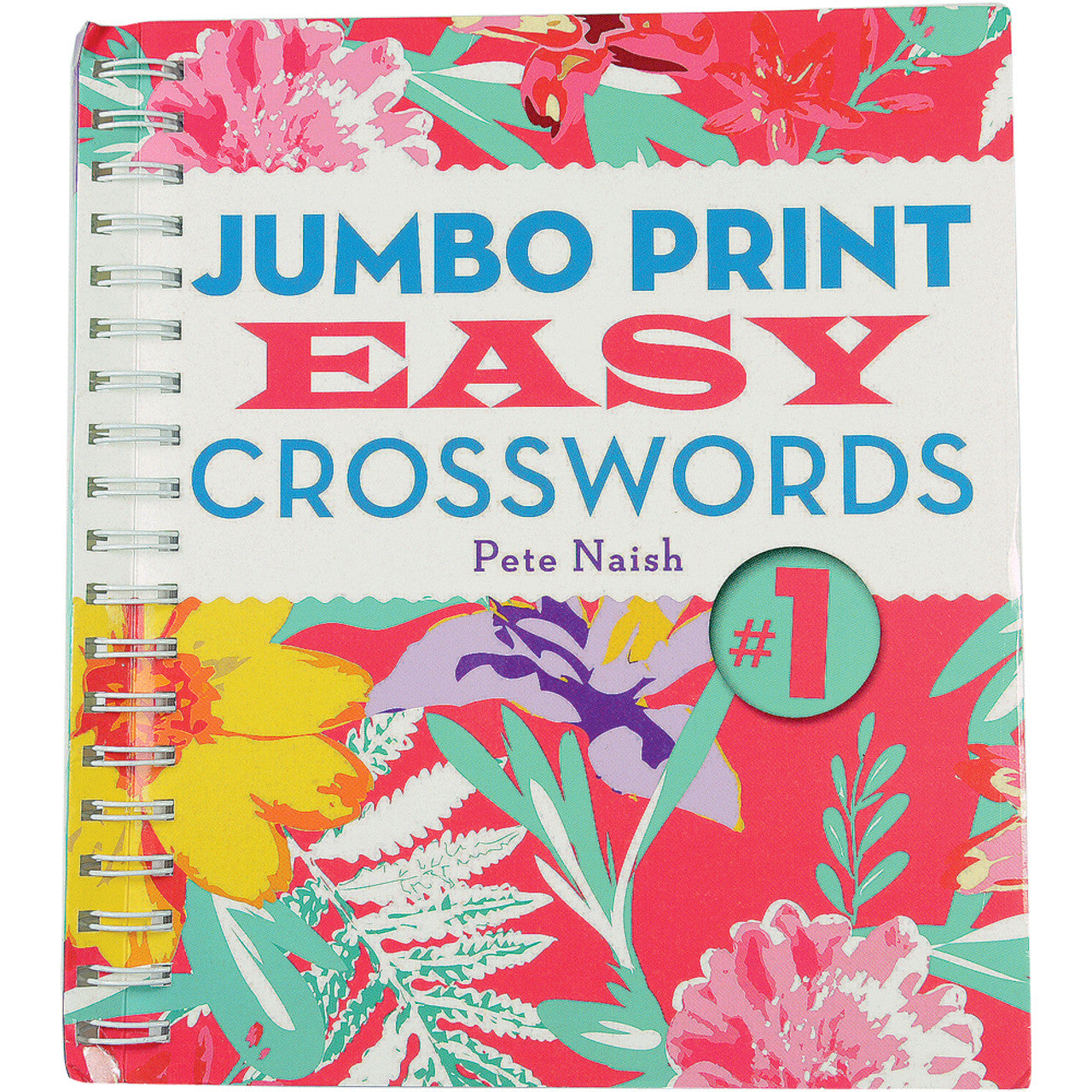 The cover of the crossword puzzle features a colorful floral print with a white section breaking up the floral design. In large blue letters the words Jump Print Crosswords is written and EASY is is also written in pink.
