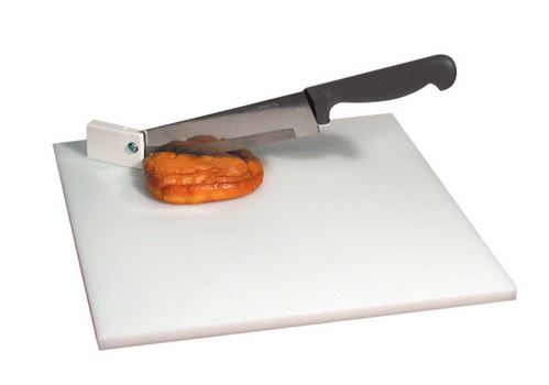 A white cutting board with a knife attached to a pivot  to allow easy cutting of your croissant