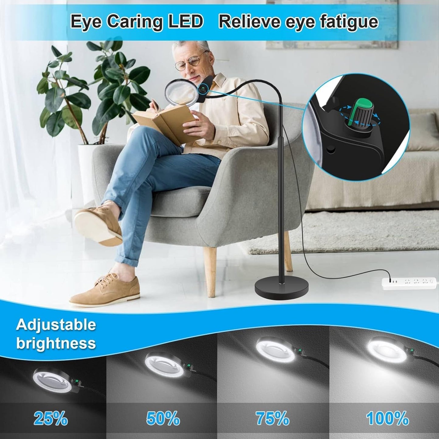 This image is similar to the first in that it is of the same man sitting in the chair reading a book while using the lamp. However this image highlights the dimmable light option. With the simple twist of a knob you can choose between total darkness, 25%, 50%, 75% or 100%