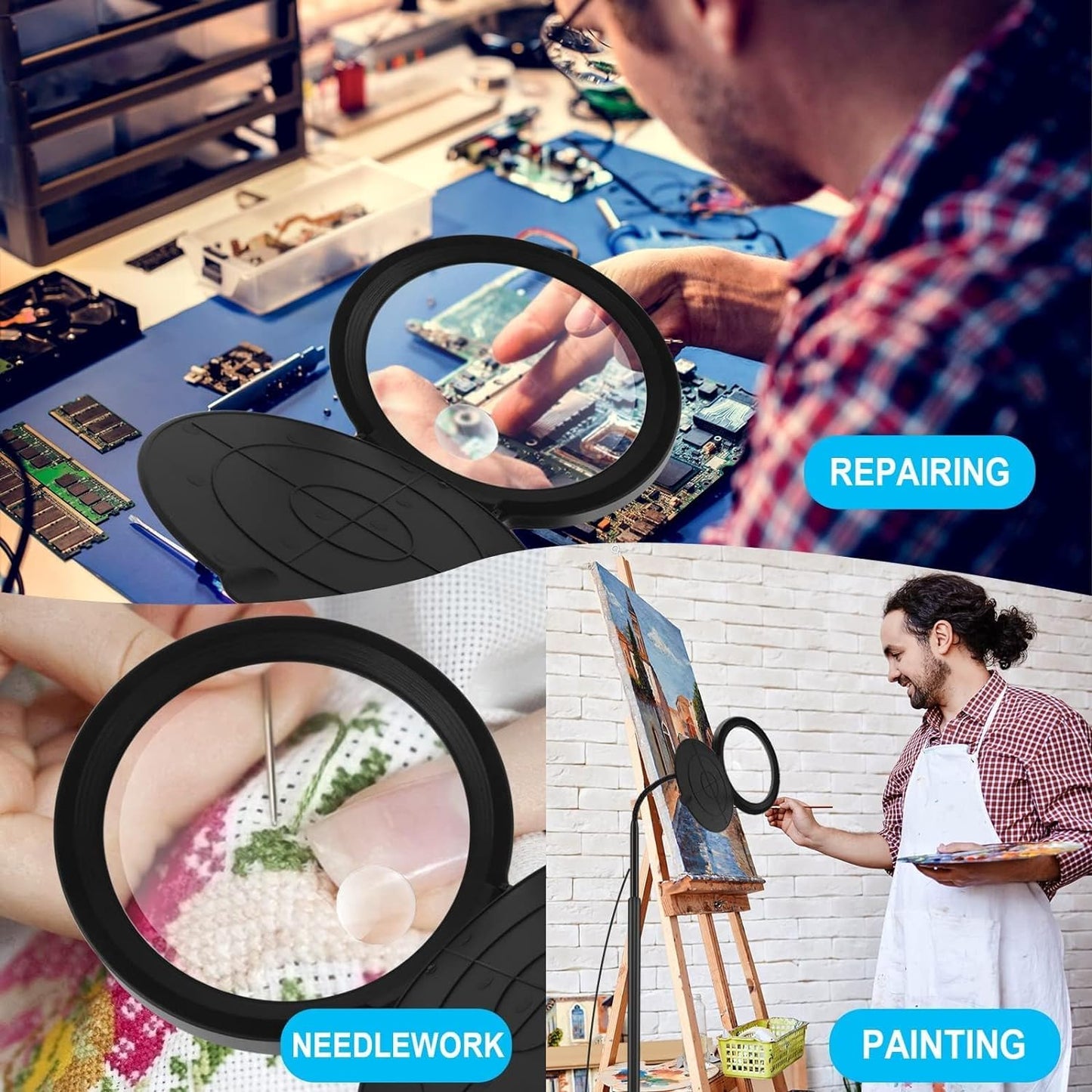 The picture has three images. The main image highlights the use of the magnifier for small repairs on circuit boards. The image on the bottom left shows it being used for sewing and stitching. And the image next to that shows a painter using the lamp to help paint fine details on painting.