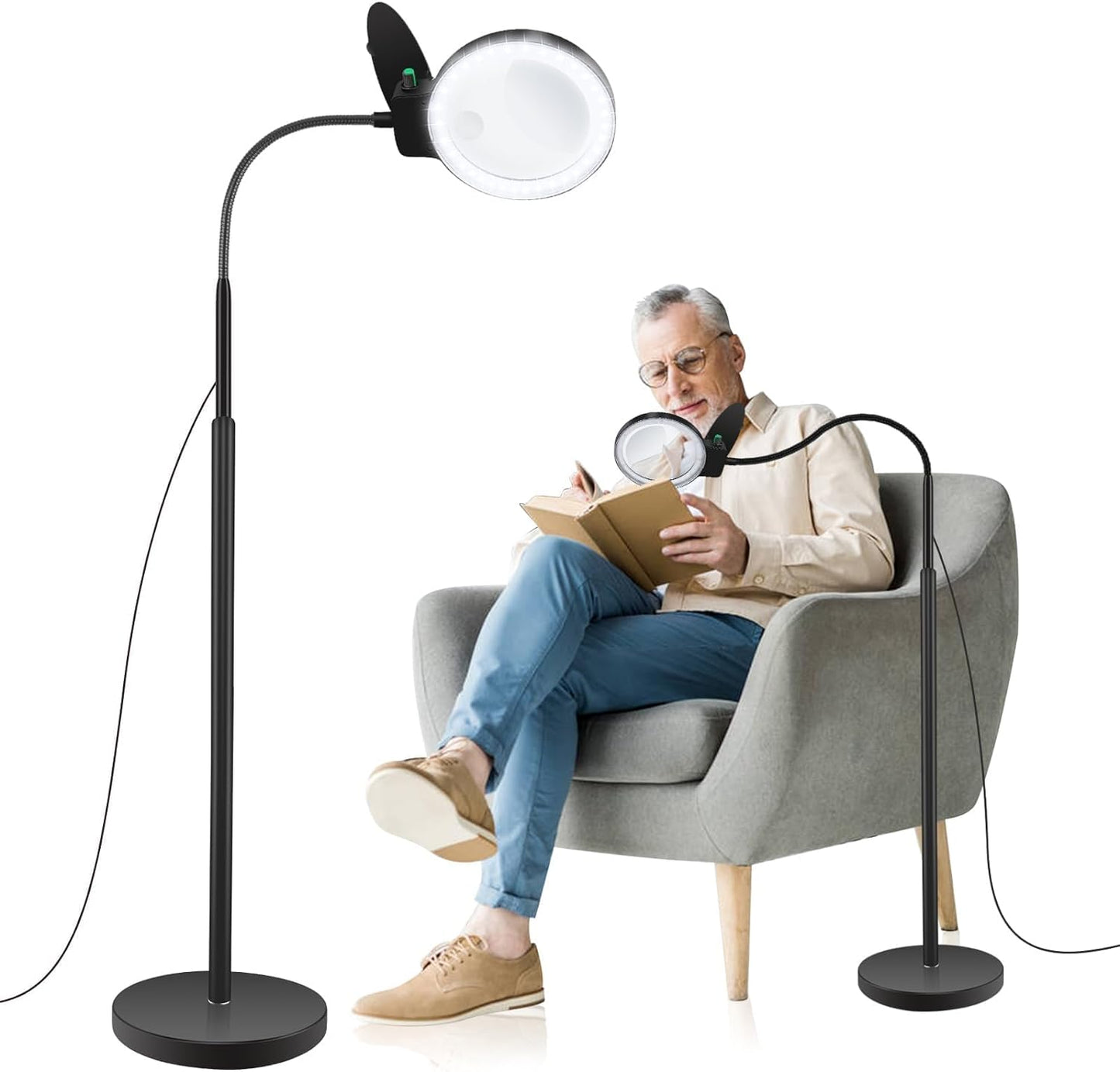 There are 2 images in 1 photo. The image on the left is of the dimmable magnifying lamp. It is long, thin and black with lights and the lid is open that covers the lens. The image on the right is of a man sitting in a lounge chair reading a book while using the magnifying lamp.