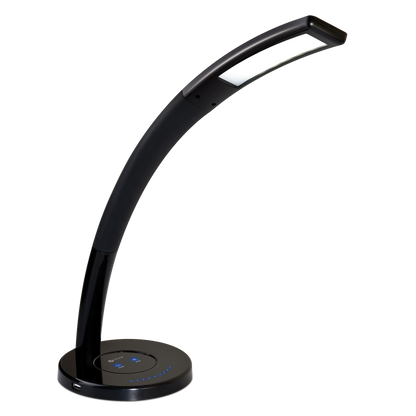 A desktop lamp that has a flexible neck and touch sensite buttons to change warmth and brightness of light