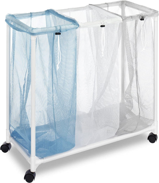 3 plastic netting laundry sorters on rolling wheels