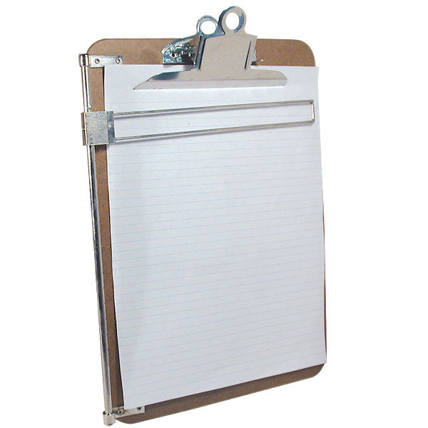 A clip board with a sheet of white paper and an arm on the left side to help write in a straight line.