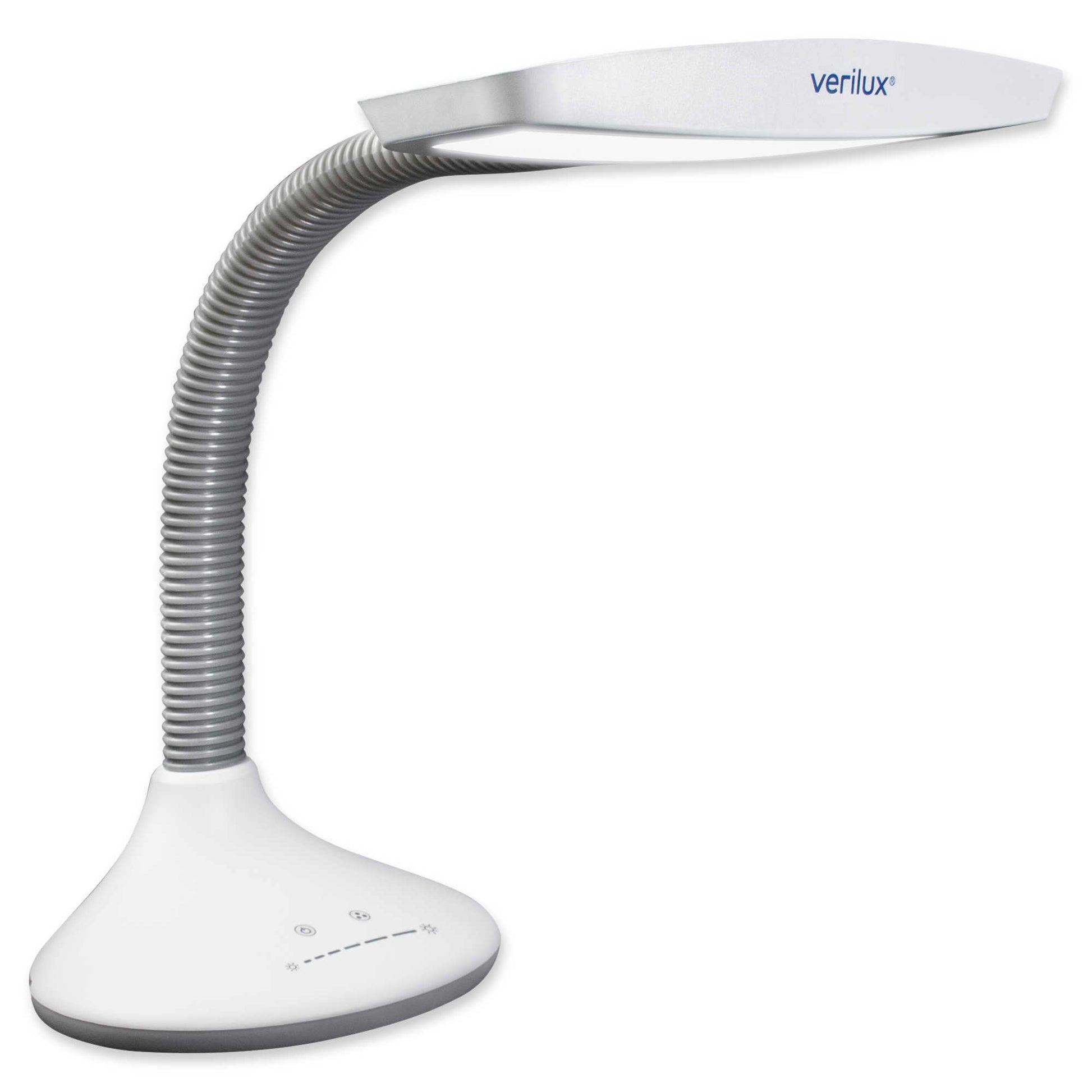 The Verilux SmartLight is white with a flexible neck and white base with touch buttons.